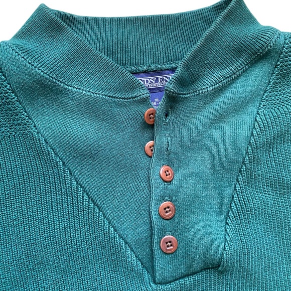 Lands End VTG Knit Fisherman Sweater Mens XL Hunter Green Cotton Henley Heavy - Picture 4 of 9